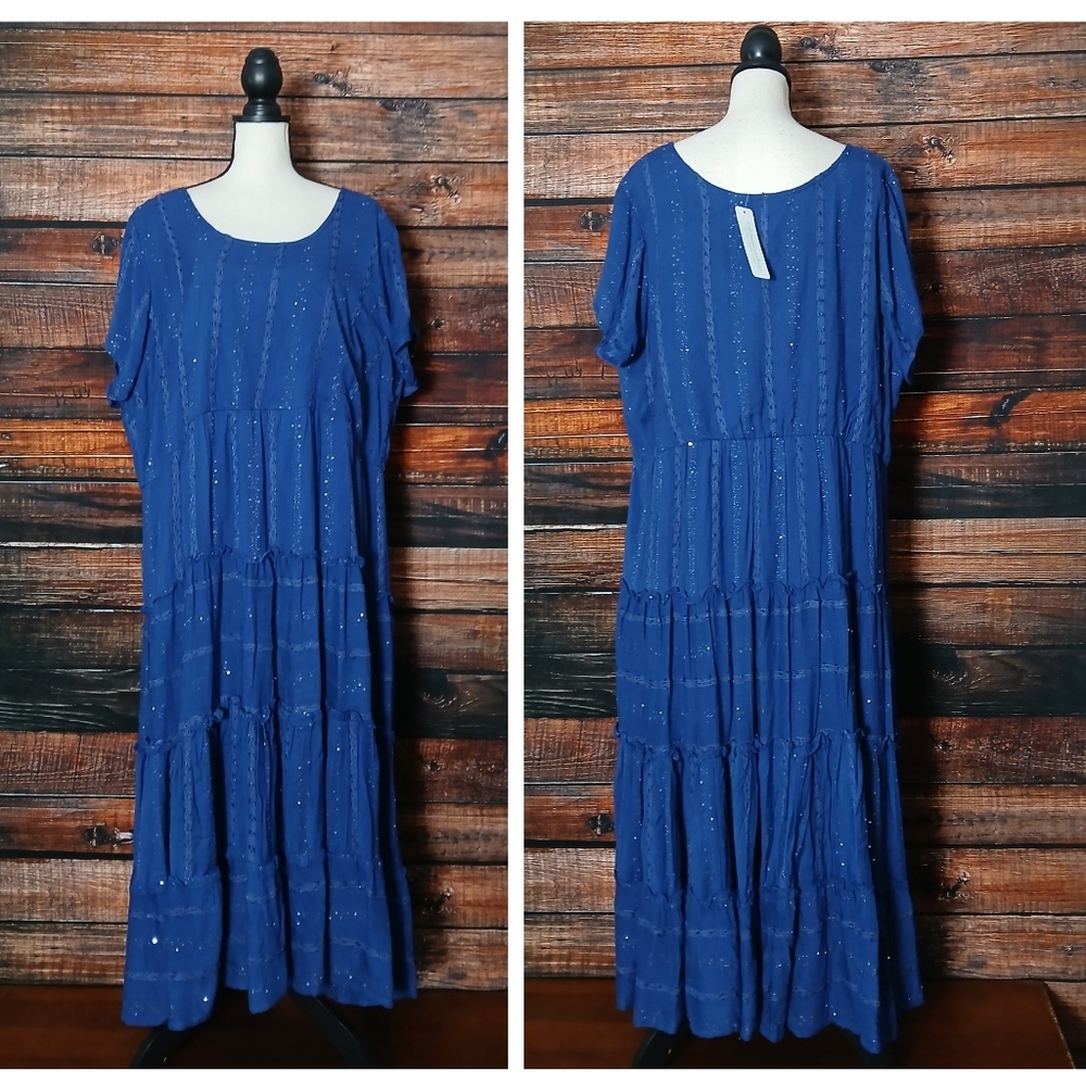 NWT Soft Surroundings Dress 3X Kara Shimmer Maxi Blue Sequin Tiered Lined - Picture 3 of 10
